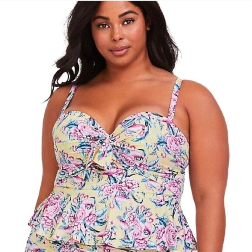 Torrid Flamingo Floral Peplum Tankini Top Yellow Pink Underwire Plus Size 3S‎